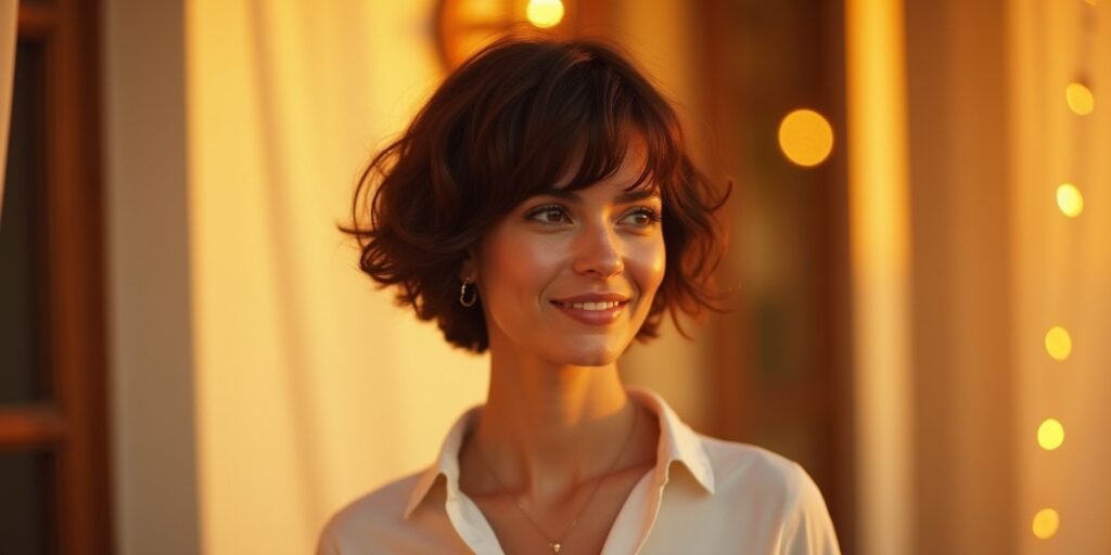 Realistic image of a woman with a short stacked haircut and side bangs, wearing a white blouse in a romantic setting