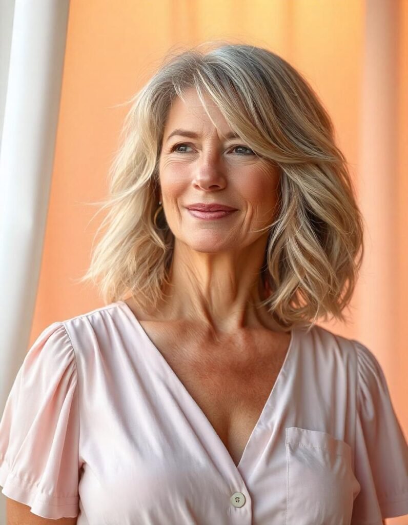 Tousled Shag Lob hairstyle with feathered ends for women over 50, featuring light blonde beachy waves and a soft pastel dress, set against a romantic, dreamy background.