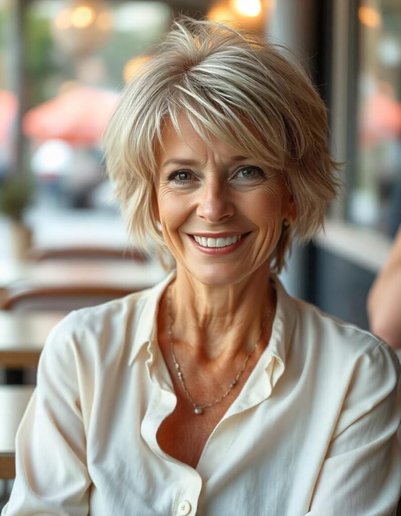 50+ year old woman with light blonde shaggy pixie cut, textured with voluminous layers and curtain bangs, dressed in a soft pastel blouse, in a romantic outdoor setting.