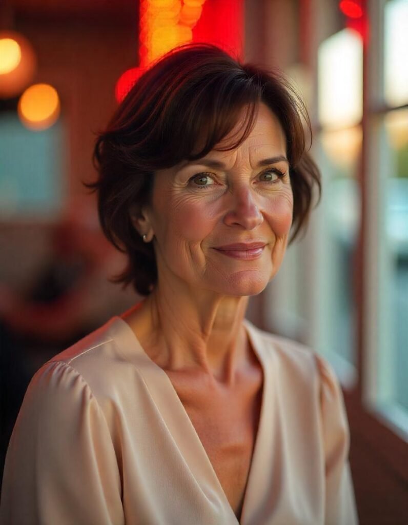 50-year-old woman with a youthful short shag hairstyle with bangs, soft brunette color, and a romantic blurred background, exuding a voluminous and textured look.
