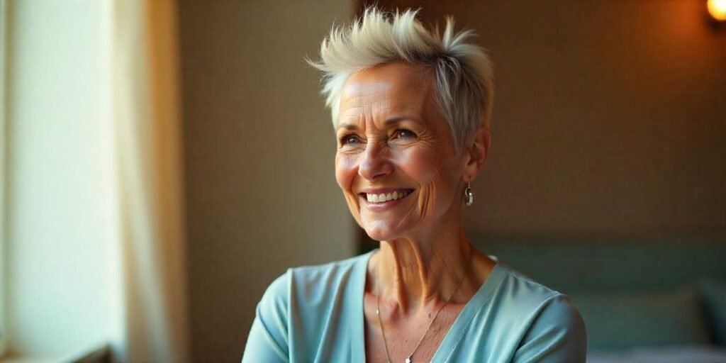 "Realistic image of a woman aged 60+ with an edgy wedge haircut, styled with spiky texture and volume, dressed in a soft pastel blue dress, in a romantic setting. Confidence and elegance combined."