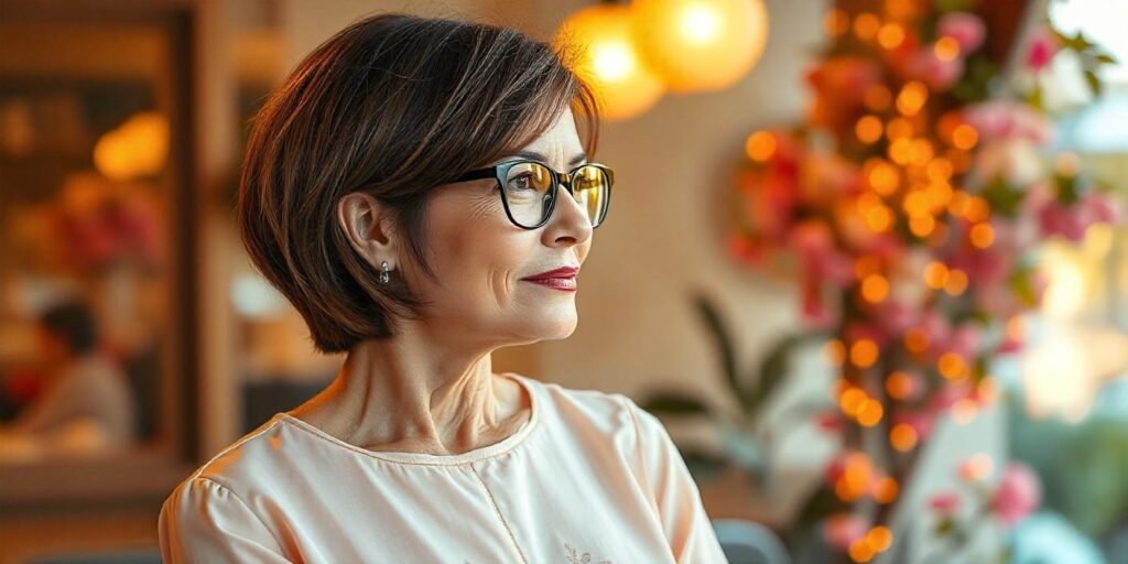 "Woman aged 50+ wearing glasses with a wedge bob haircut, styled with side-swept bangs and a stacked back, dressed in a pastel blouse, set in a romantic, soft-lit environment."