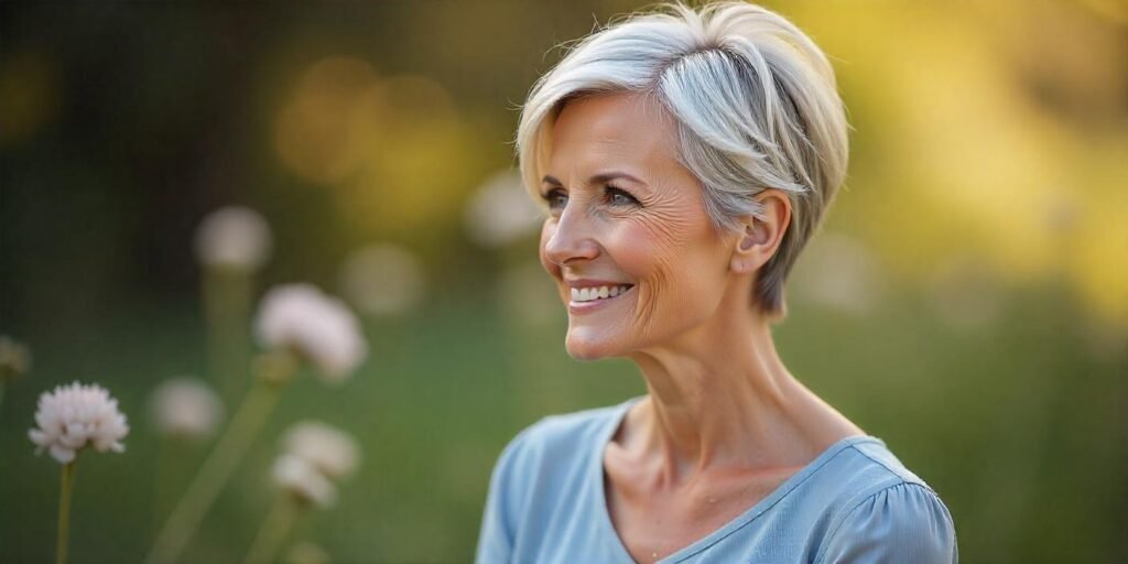 "Authentic image of a woman aged 50+ with a short wedge haircut for gray hair, wearing a pastel-colored dress, in a romantic background. The hair frames her face, adding volume and highlighting the natural beauty of her gray hair."