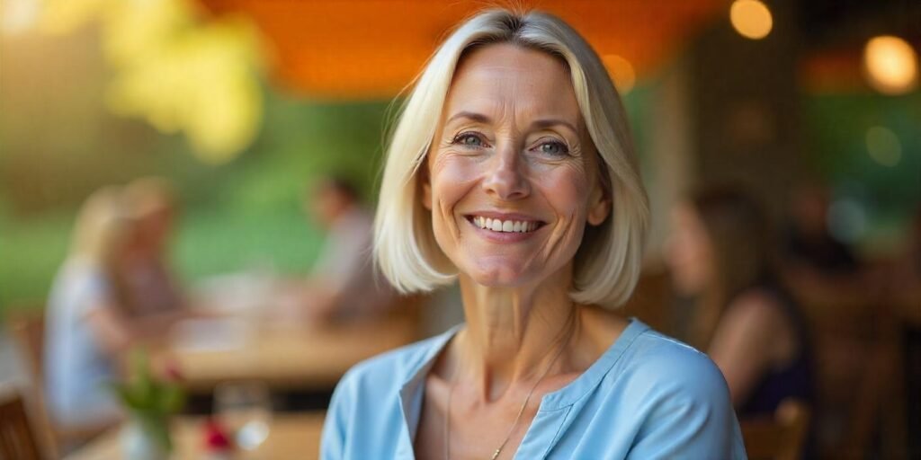Chin-length inverted bob hairstyle for women over 50, styled with soft layers for volume and movement in a romantic garden setting. Low-maintenance, youthful look perfect for older women.
