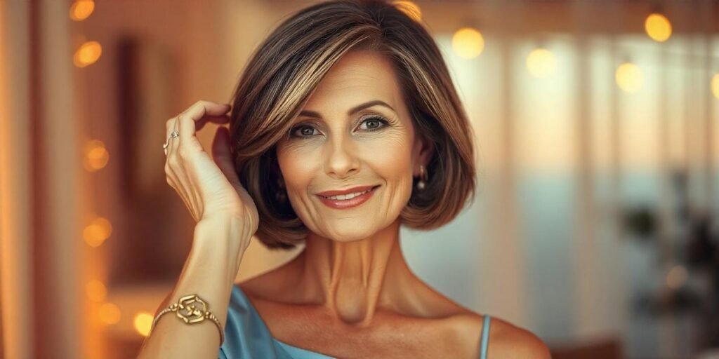 Low-maintenance round wedge haircut for women aged 50+, styled in light brown with natural volume, elegant dress, romantic background.