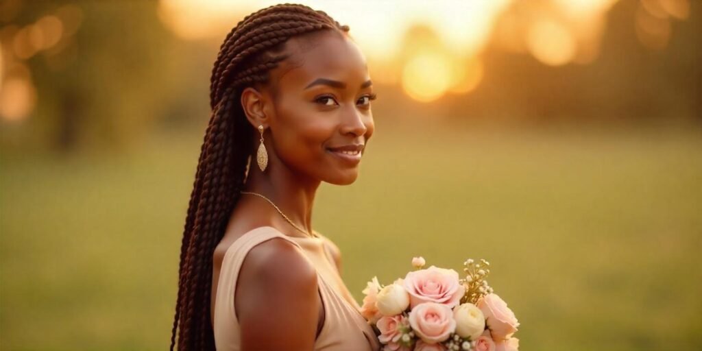 Woman with butt-length brown jumbo box braids wearing a beige dress in a romantic outdoor setting