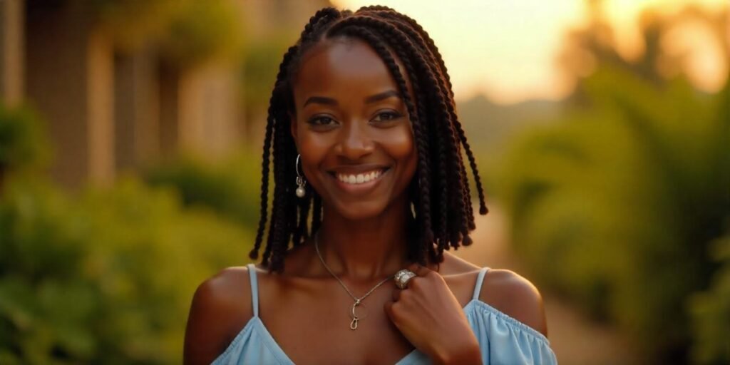 Realistic image of a woman with shoulder-length jumbo box braids bob wearing a light blue dress in a romantic setting