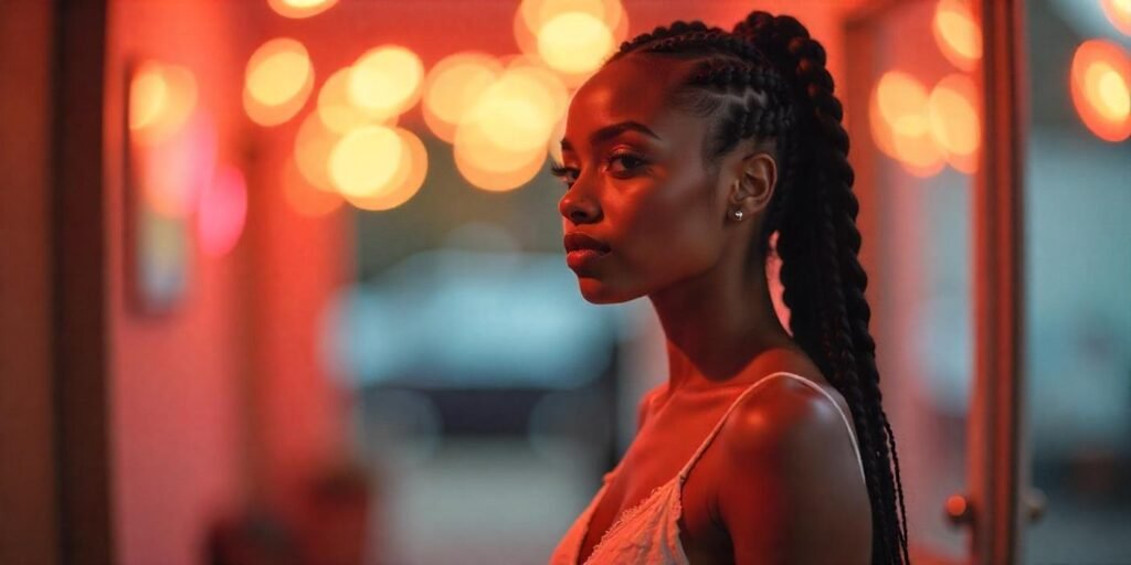 Woman with jumbo pop-smoke braids in a white dress, posed in a romantic, dreamy background.