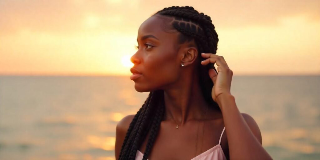 Half-up half-down jumbo box braids hairstyle with a sleek ponytail, wearing a pastel dress in a romantic sunset background