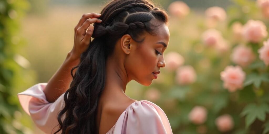 Long jumbo box braids with flowing curly tresses, a romantic vibe, and soft lighting, creating an elegant feminine look