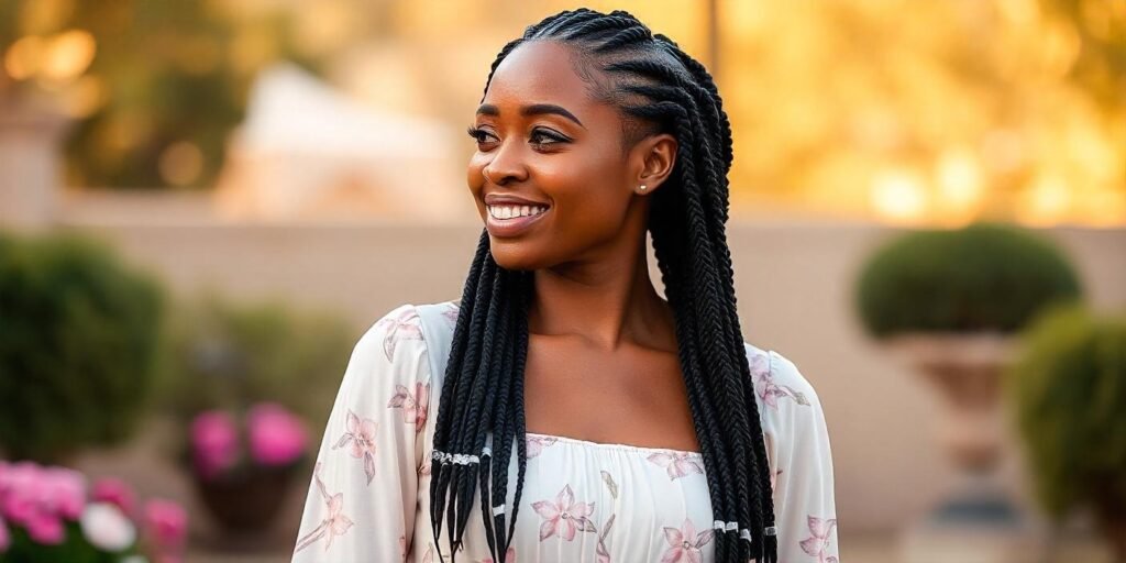 Jumbo box braids styled in a heart-shaped pattern with precise sectioning, clean finish, and romantic background