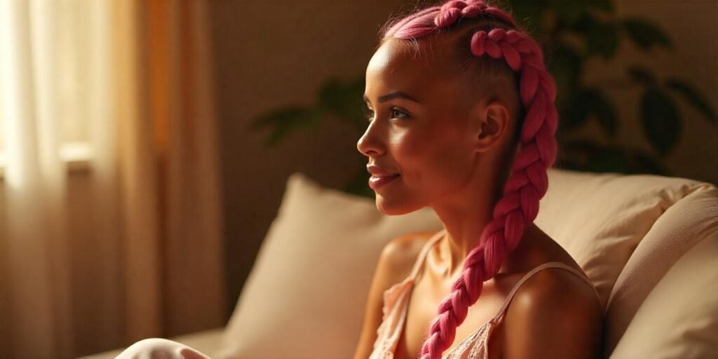 Realistic image of a woman with pink jumbo box braids, wearing a pastel dress, in a romantic setting