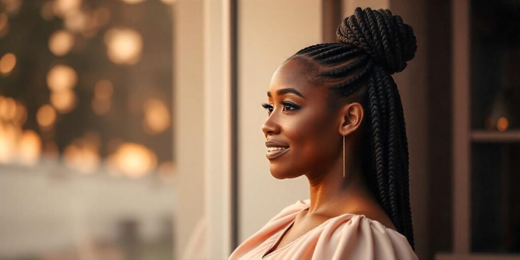 Jumbo box braids styled in a half-up top knot with a natural, romantic look.