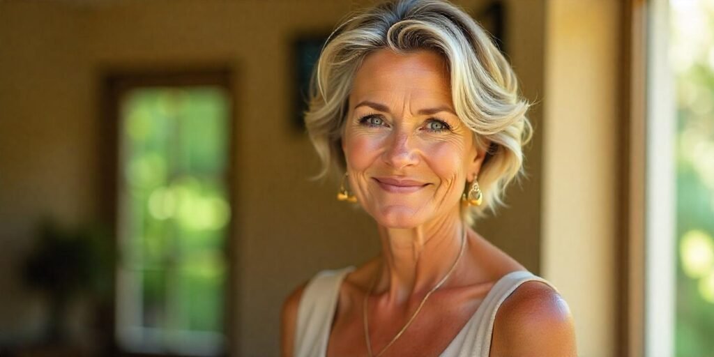Realistic image of a woman aged 50+ with wavy wedge hairstyle featuring side bangs, natural waves adding volume and texture, framed beautifully with a romantic background.