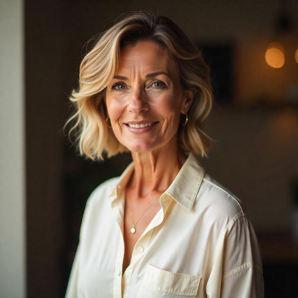 Blunt-ended shag haircut with tousled waves for women over 50, featuring natural light brown hair with highlights, wearing a casual cream blouse in a romantic, soft-focus background.