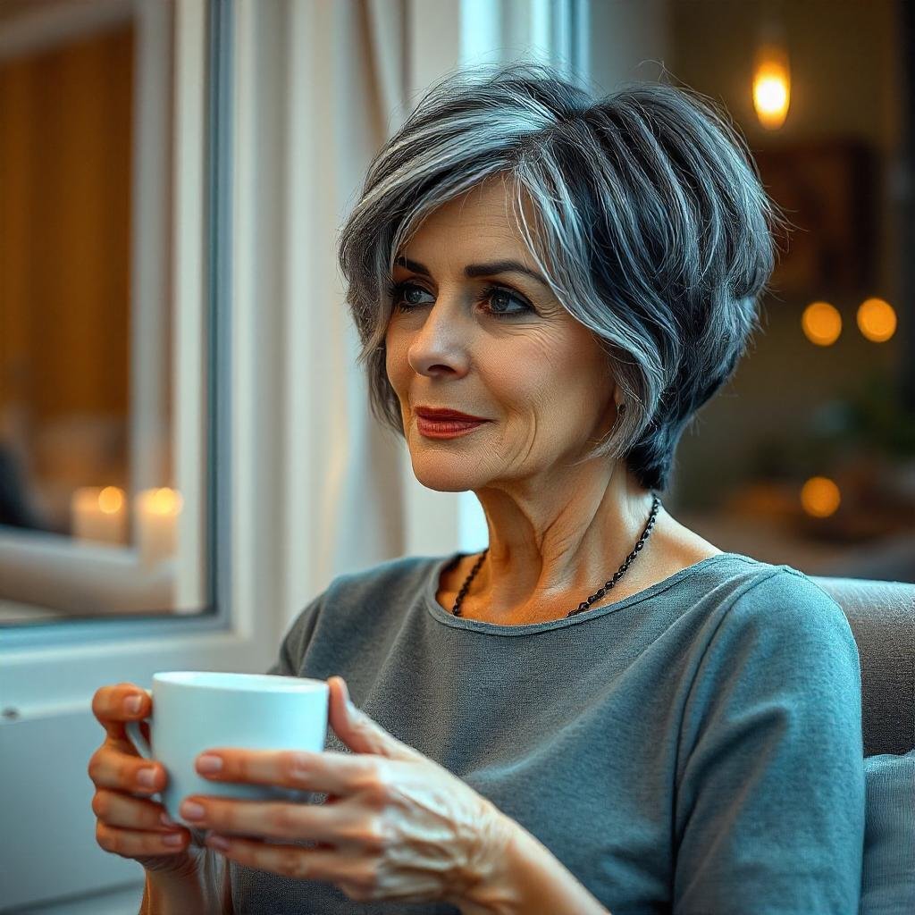 Short salt and pepper shag haircut for women over 50, featuring dark and gray hair hues, casual outfit, and romantic indoor setting, offering a youthful and stylish look