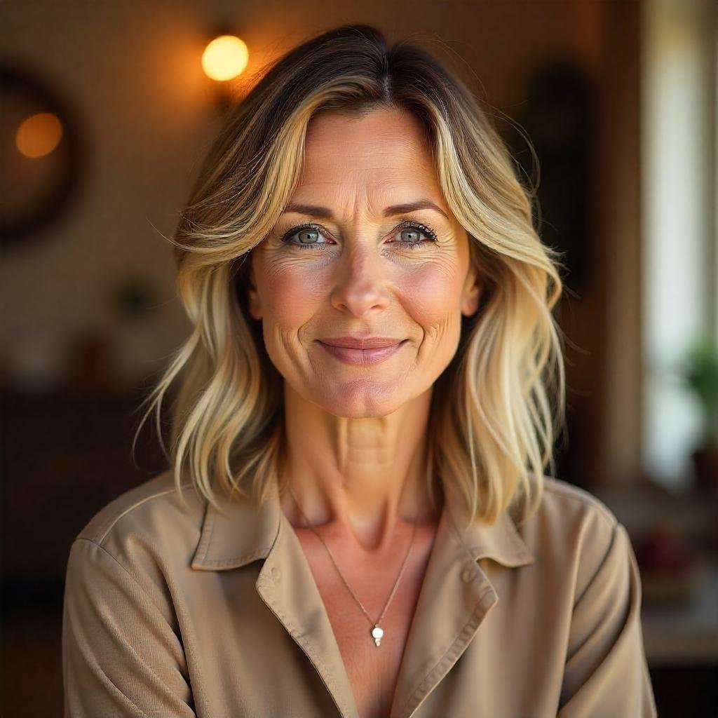 50+ woman with angled shaggy hairstyle, balayage highlights, and curtain bangs, dressed in a neutral outfit, smiling in a romantic background.