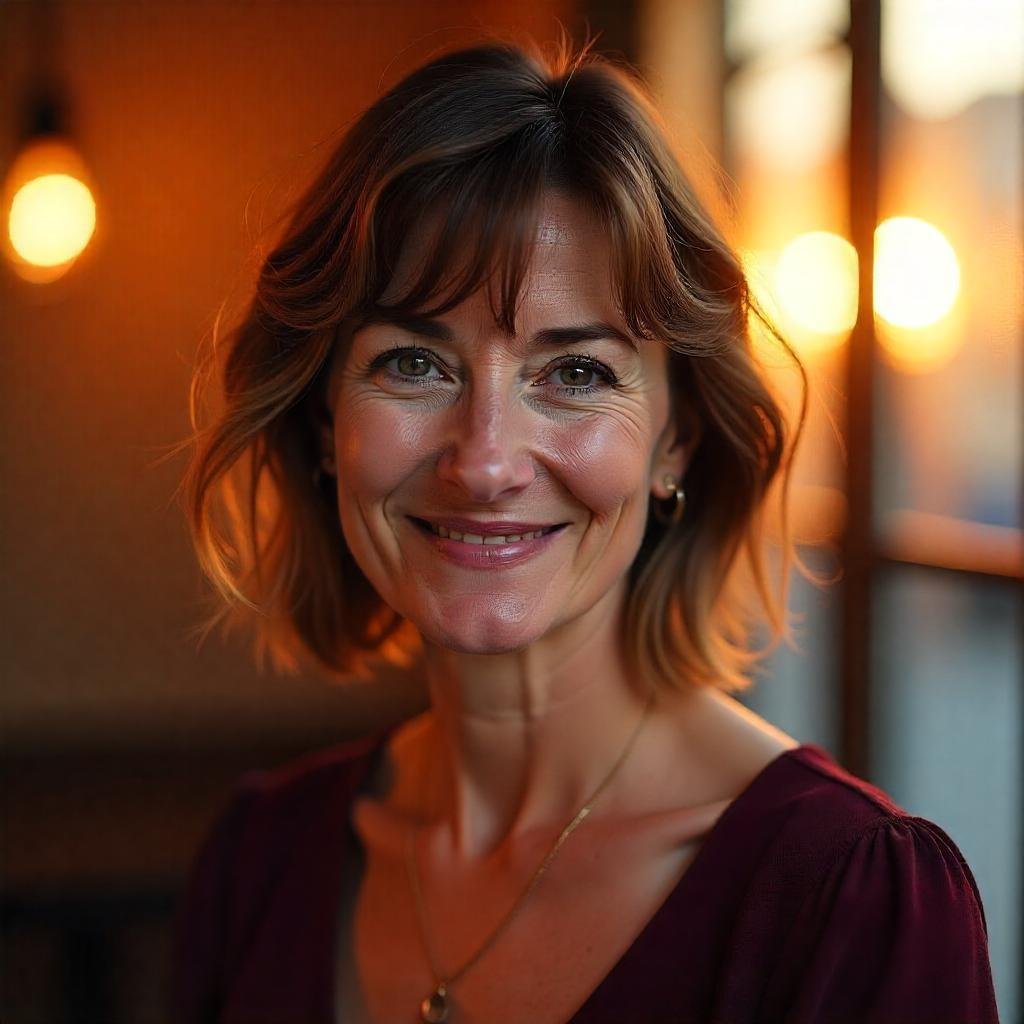 Realistic photo of a woman aged 50 to 60 with a shaggy bob haircut and sweeping fringe, natural brown hair with subtle highlights, wearing a chic burgundy dress in a romantic setting, showcasing volume, texture, and a youthful appearance