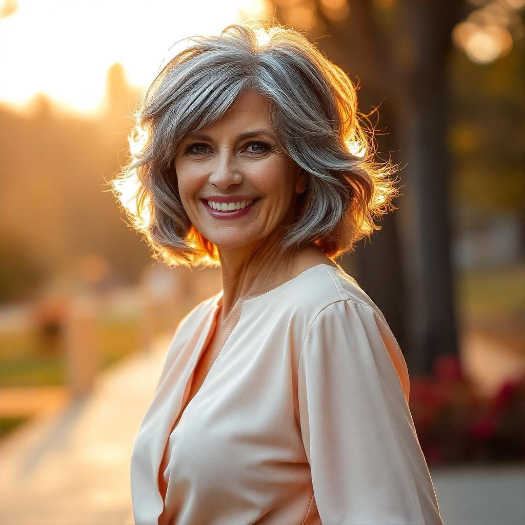 Gray medium-length shag haircut on a woman over 50, styled for a youthful and textured appearance, with soft layers and a romantic outdoor background.