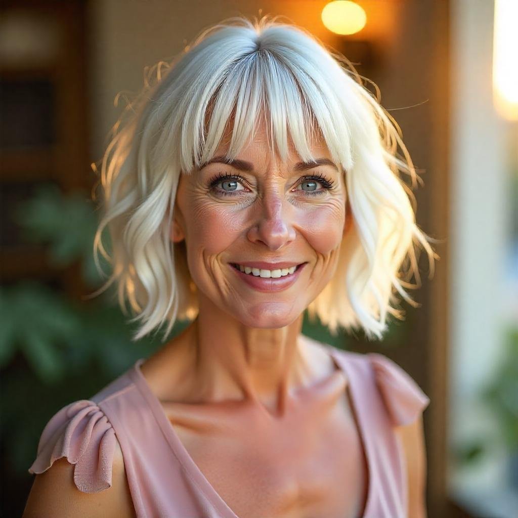 Real photo of a woman over 50 with a white chin-length shag haircut and bangs, wearing a romantic blush pink dress. Soft lighting and a gentle pose create a youthful and energetic vibe