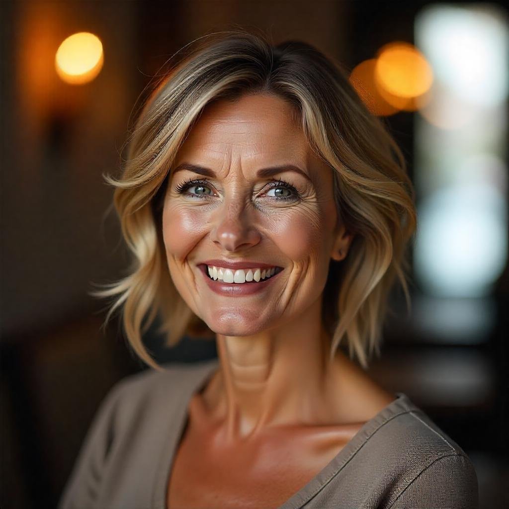Realistic photo of a woman aged 50+, sporting a choppy short shag hairstyle with light brown hair and subtle highlights. The hairstyle adds volume and texture, giving a youthful and fresh look. The woman wears a neutral-colored blouse, with a romantic background creating a cozy ambiance.