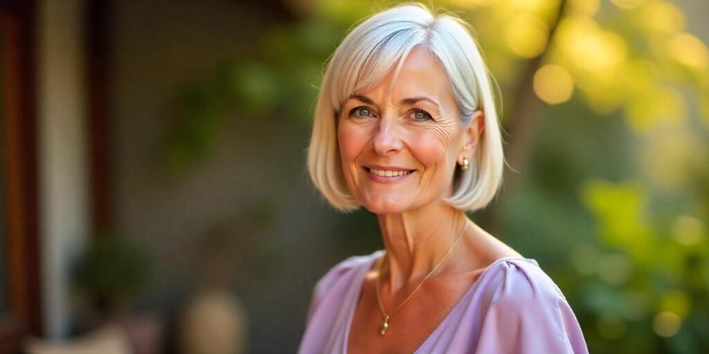 Stylish short undercut bob with blunt bangs on a woman over 50, highlighting her natural grey hair and youthful appearance, in a romantic setting with soft lighting, with a realistic neck and natural look.