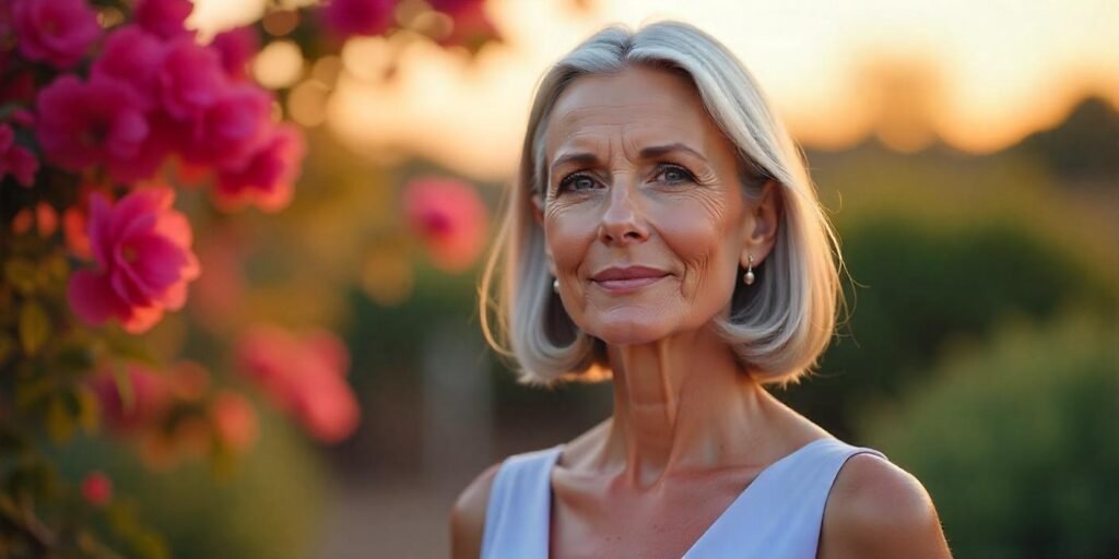 "Sleek wedge bob haircut for straight hair on a woman aged 50+, featuring soft grey highlights, a romantic background, and an elegant dress."