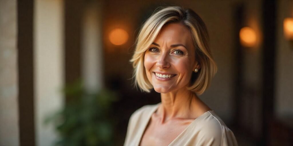 50+ woman with a short wedge bob featuring blonde highlights and brown contrast, styled for a timeless and sophisticated look, set against a romantic background."