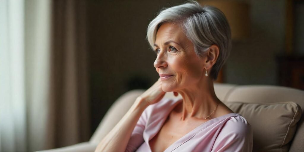 Short wedge hairstyle with gray and silver highlights for mature women, offering volume and youthful elegance with a romantic background.