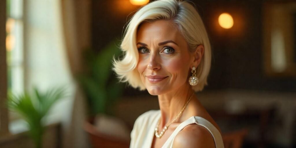 Elegant wedge-flowing haircut for women aged 50+, showcasing a natural bump and polished finish. Inspired by Chanel, perfect for a classy, low-maintenance style.