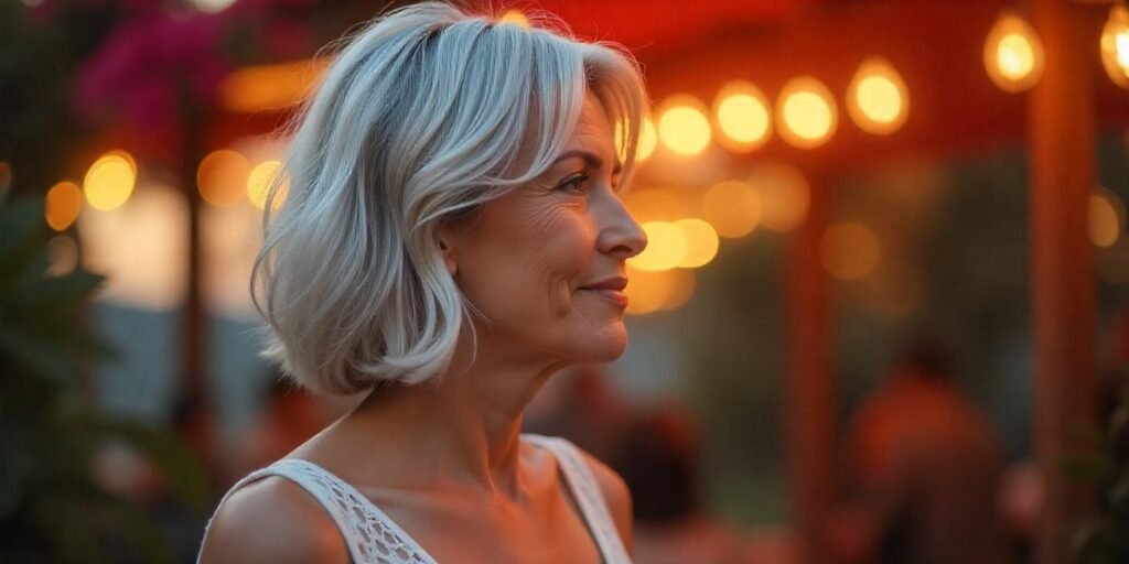 A chic silver bob haircut just above the jawline with asymmetrical layers and razor-cut details, perfect for women over 50.