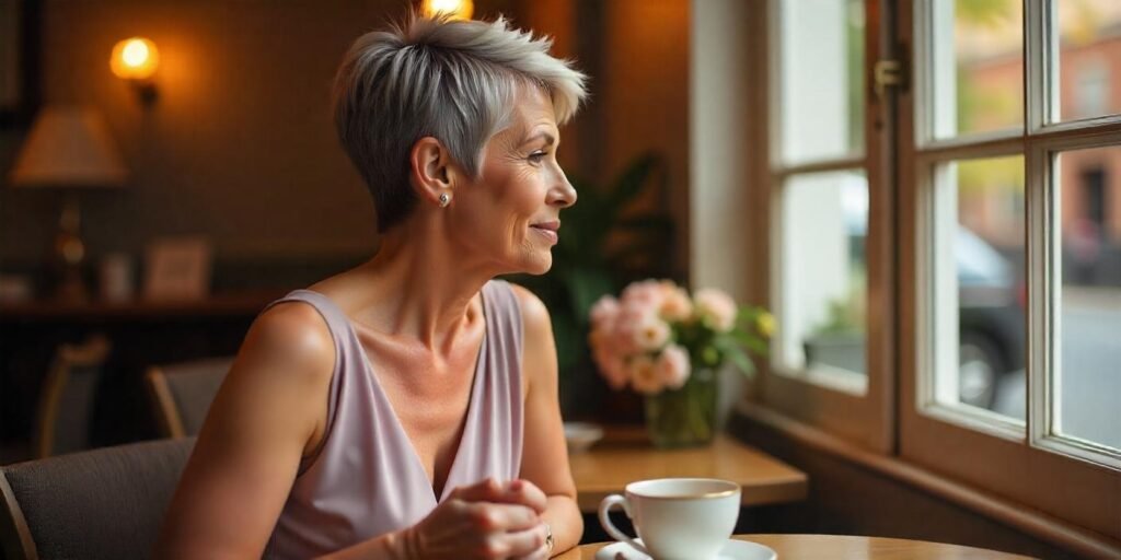 Woman with salt-and-pepper pixie wedge haircut, wearing a pastel dress, enjoying tea in a romantic café setting. Realistic neck and natural hair texture.