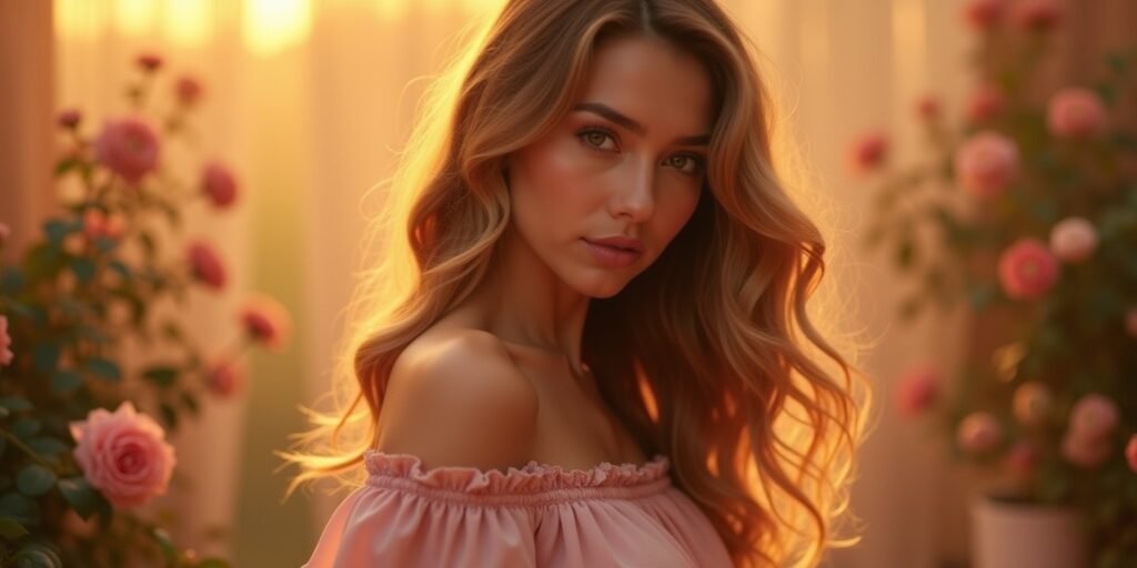 Realistic extra long choppy lob hairstyle with undulating strands and soft pink dress in a romantic setting