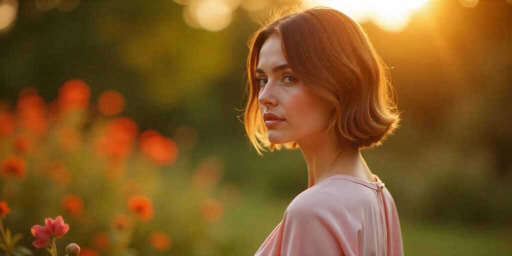 Realistic image of a woman with a stacked razored bob hairstyle in a pastel pink blouse, set in a romantic garden at sunset