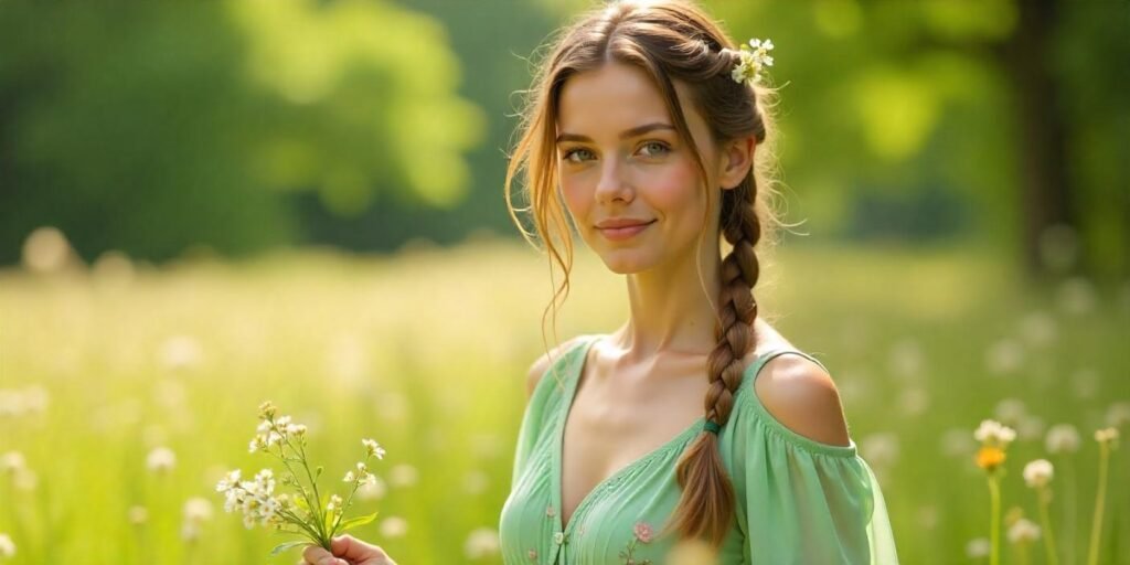 Romantic cottagecore hairstyle with loose braids, wildflowers, and a flowing dress in a peaceful garden meadow.