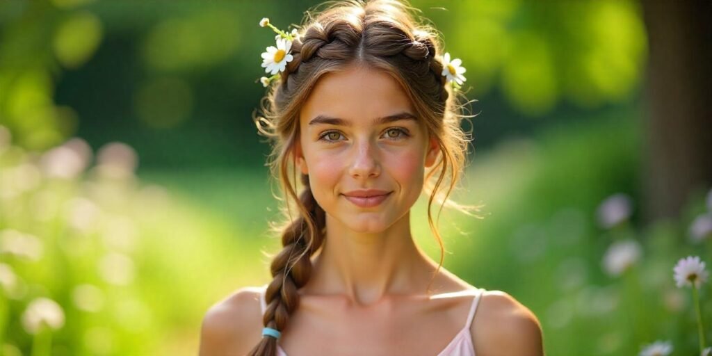 Milkmaid braids adorned with fresh daisies and baby’s breath in a cottagecore garden setting.
