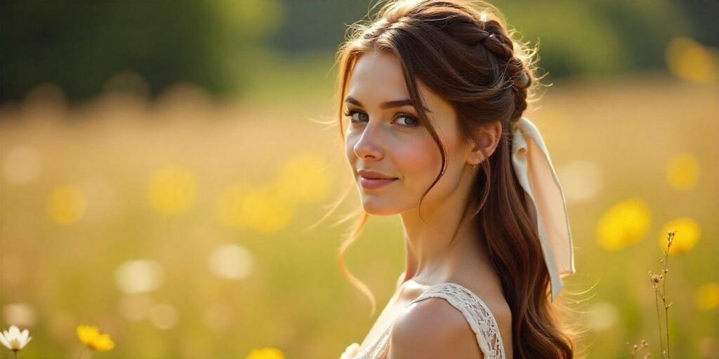 Woman with tousled half-updo, linen ribbon, and cottagecore dress in a romantic outdoor setting.