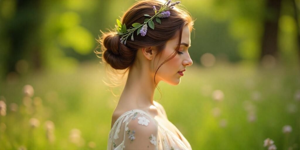 Cottagecore messy low bun hairstyle with lavender and ivy, sunlit forest background, and vintage cream dress.