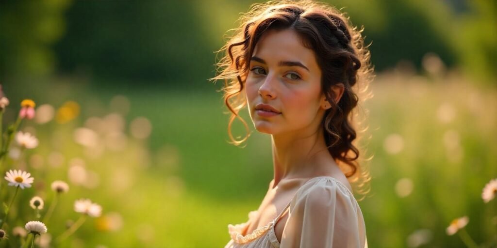 Young woman with natural curls in a cottagecore garden using flaxseed gel and beeswax for braids.