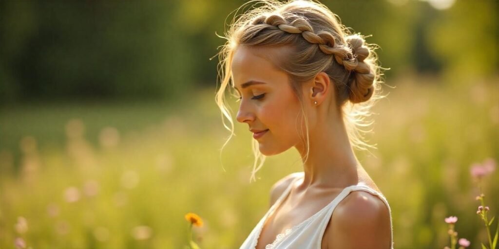 Woman with braided hair, vintage pins, and a messy bun in a romantic cottagecore setting, wearing a white dress.