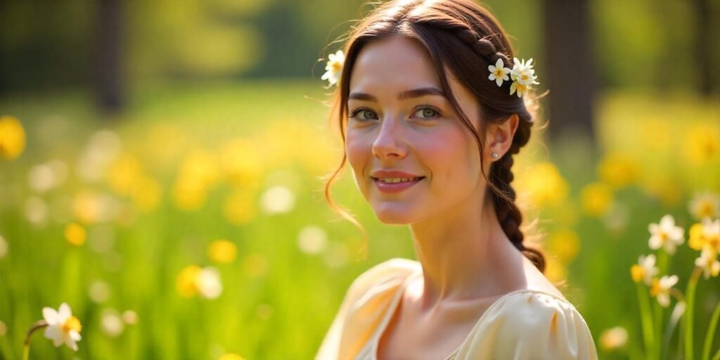 A woman with soft braids, daffodils, and pastel ribbons in her hair, enjoying a spring picnic in a meadow.