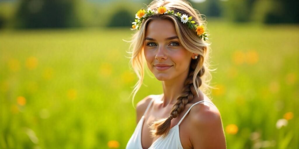 Young woman with sun-bleached highlights, braids, and a wildflower crown in a meadow, wearing a flowy white dress.