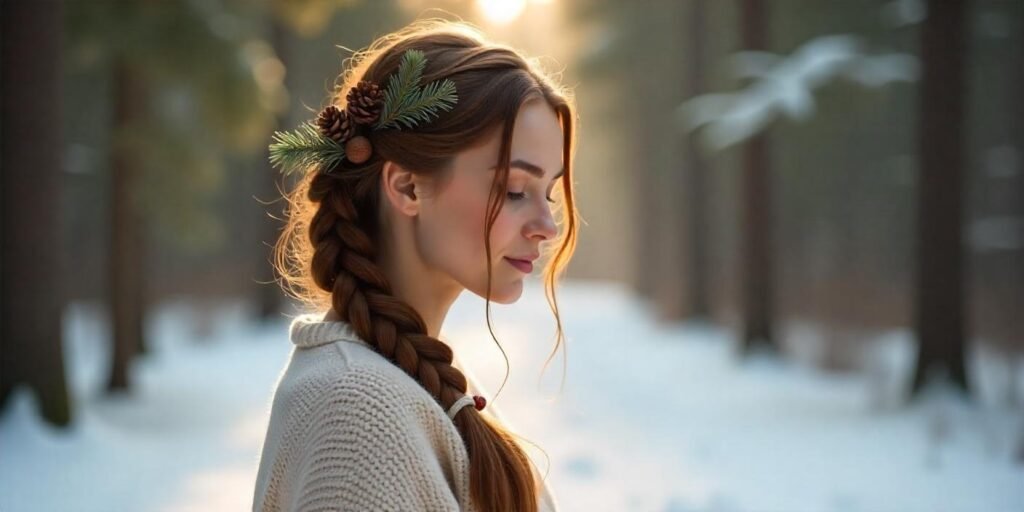 Cottagecore winter hairstyle with braid, velvet bow, and pinecones in romantic snowy forest.