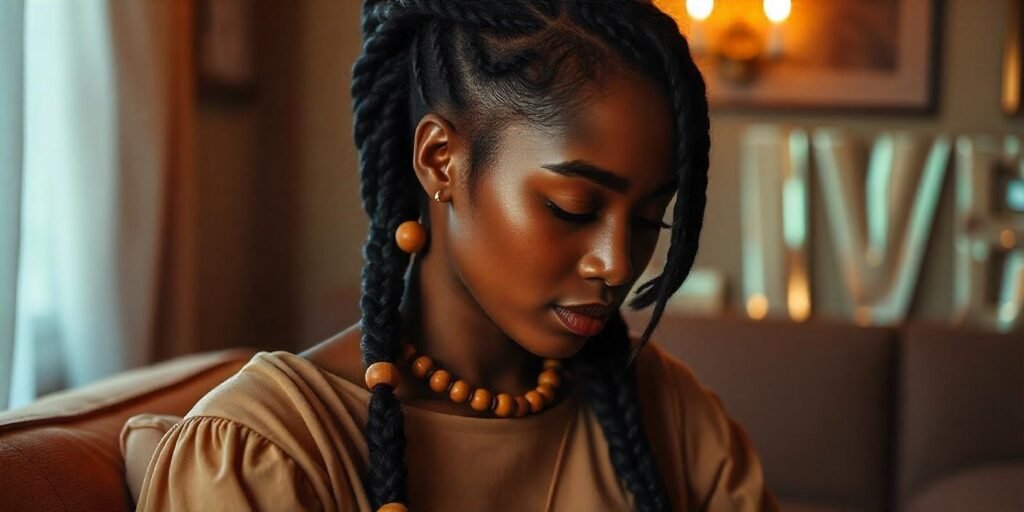 Side-part jumbo box braids with wooden beads, romantic ambiance, soft neutral-toned dress.