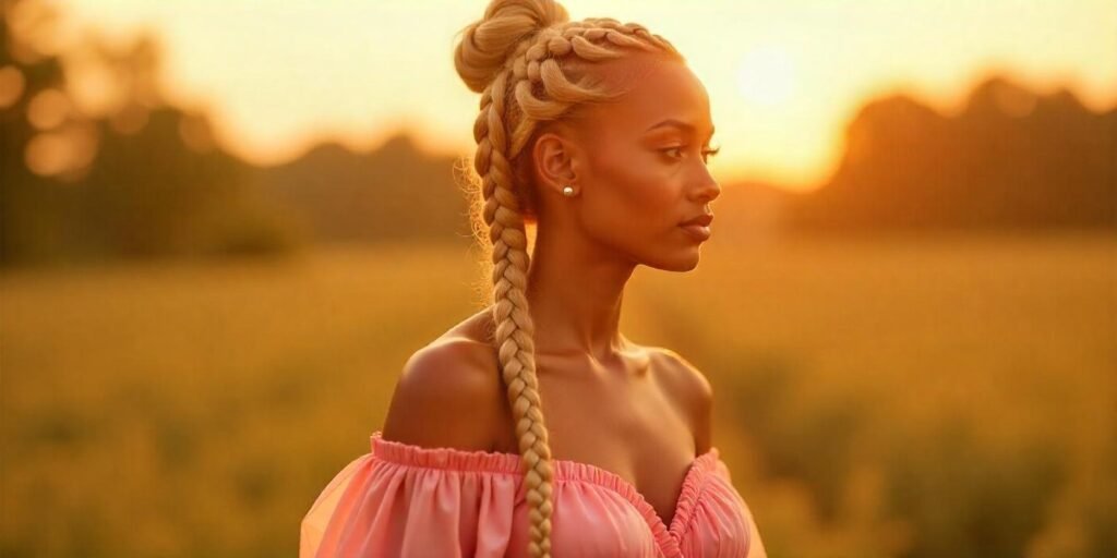 Woman with thick Jumbo Lemonade Braids styled loosely in a soft pink dress with a romantic sunset background.