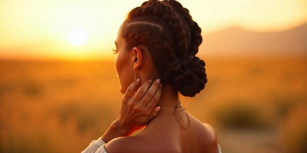 Chunky tribal braids with a low bun in a romantic setting, showcasing a refined and traditional hairstyle.