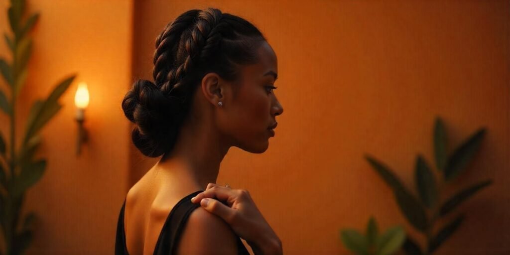 Woman with large tribal braids styled into a low bun, wearing a black dress, and adjusting her hairstyle with a romantic background.
