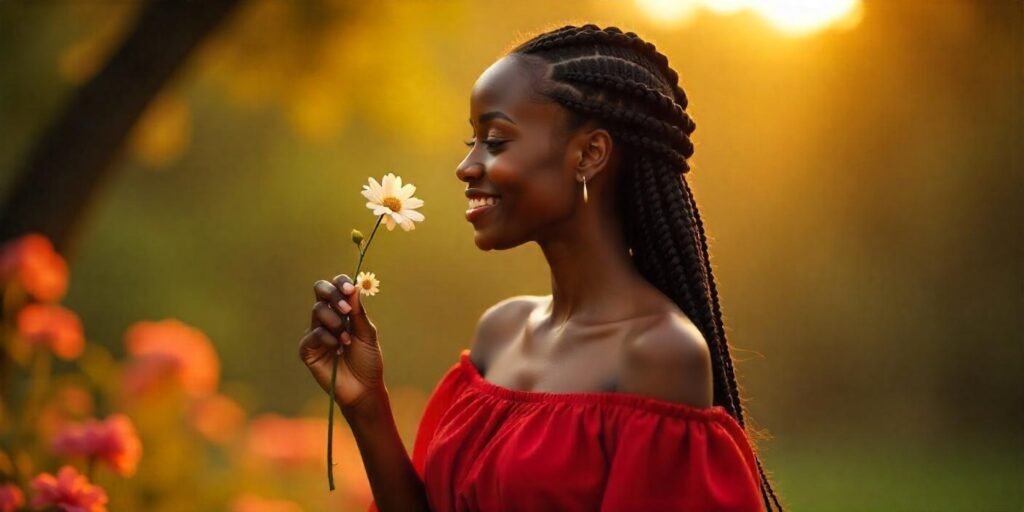 Woman with Jumbo Senegalese Tribal Braids, red dress, romantic garden, soft lighting