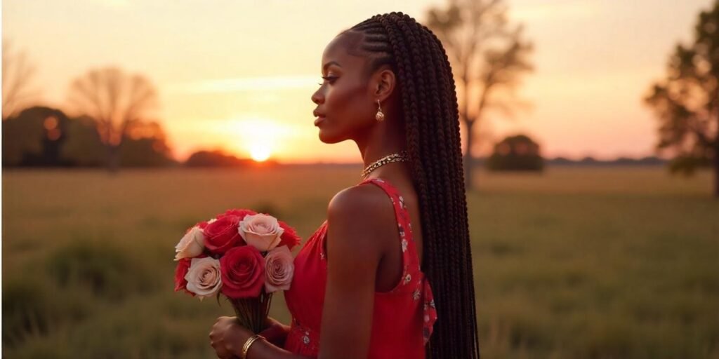 Realistic image of jumbo box braids with golden accessories, a red floral dress, and a romantic sunset backdrop.