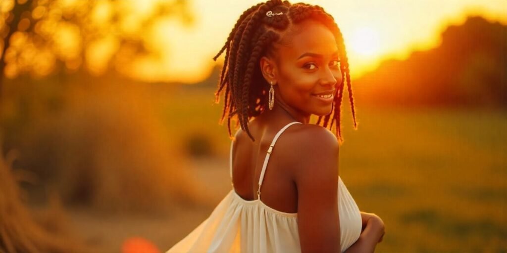 Realistic image of a woman with jumbo passion twists, golden accessories, and a white dress in a romantic outdoor setting.